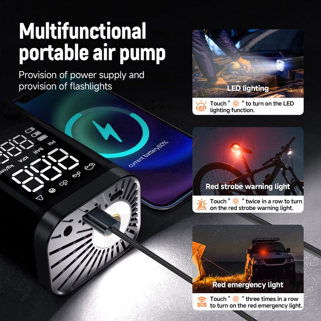 Portable Tire Inflator, 150 PSI, 6000Mah Battery, Digital Gauge, LED Light