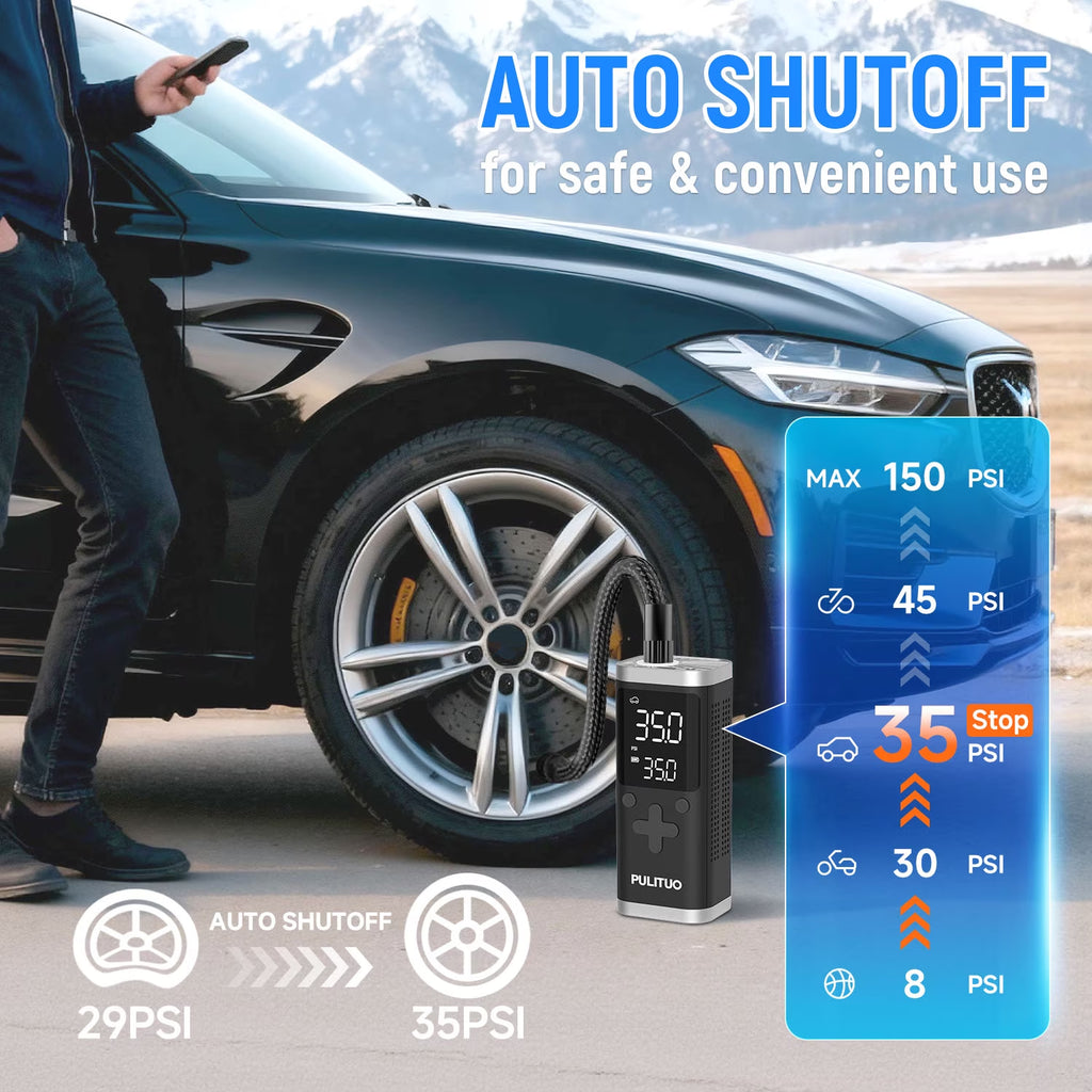 Portable Tire Inflator, 150 PSI, 6000Mah Battery, Digital Gauge, LED Light