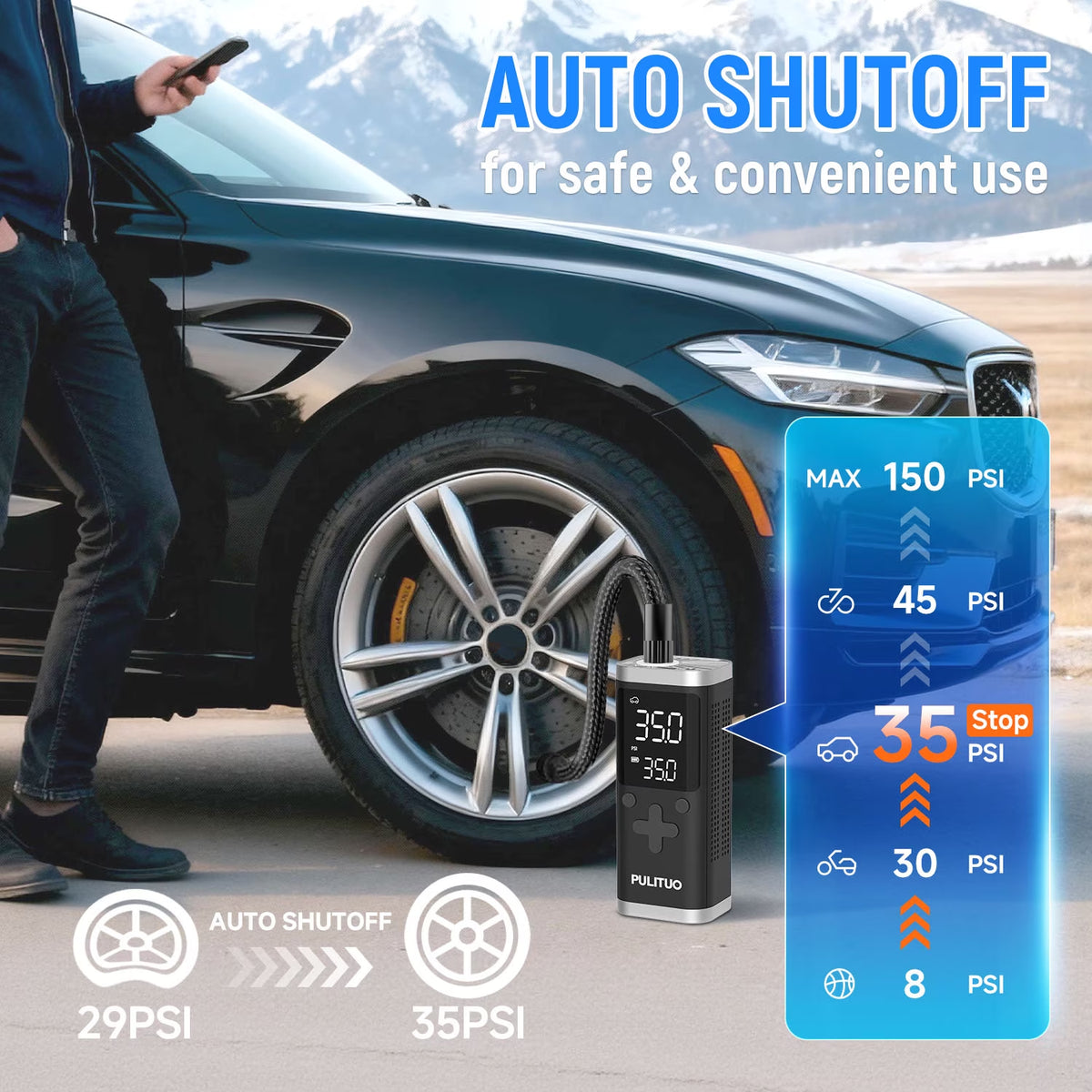 Portable Tire Inflator, 150 PSI, 6000Mah Battery, Digital Gauge, LED Light