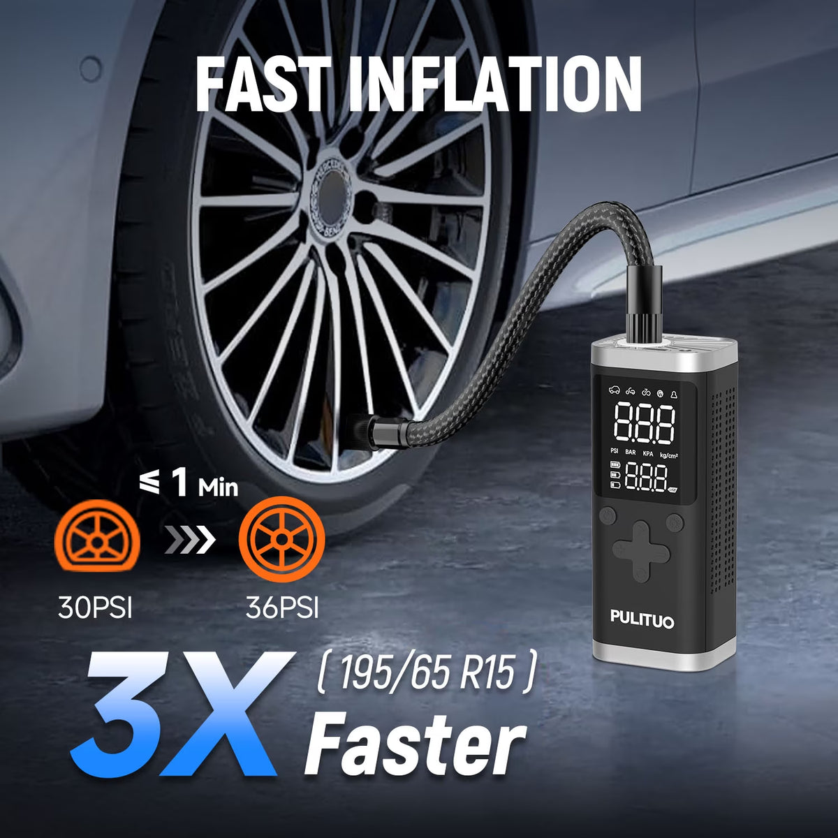 Portable Tire Inflator, 150 PSI, 6000Mah Battery, Digital Gauge, LED Light