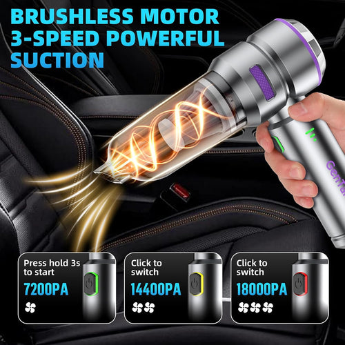 Car Vacuum Portable Cordless, 18000PA Portable Vacuum Cordless, High Power Air Duster with Brushless Motor, Type-C Charge, 3 in 1 Small Vacuum Cleaner Cordless for Car, Home, Office, Pet Hair