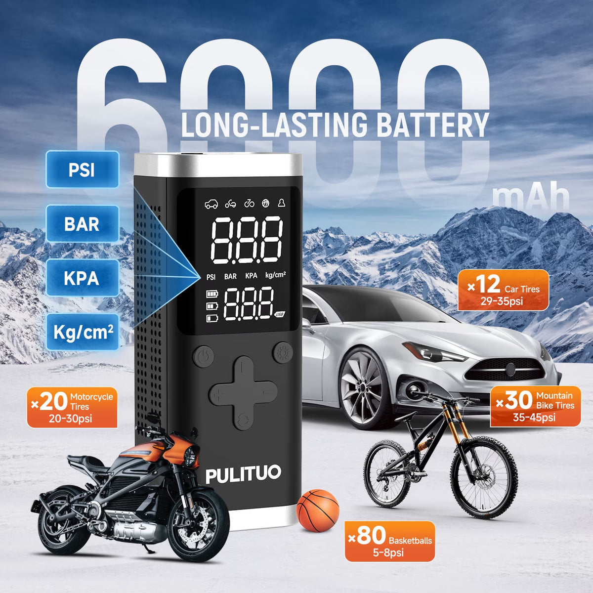Portable Tire Inflator, 150 PSI, 6000Mah Battery, Digital Gauge, LED Light