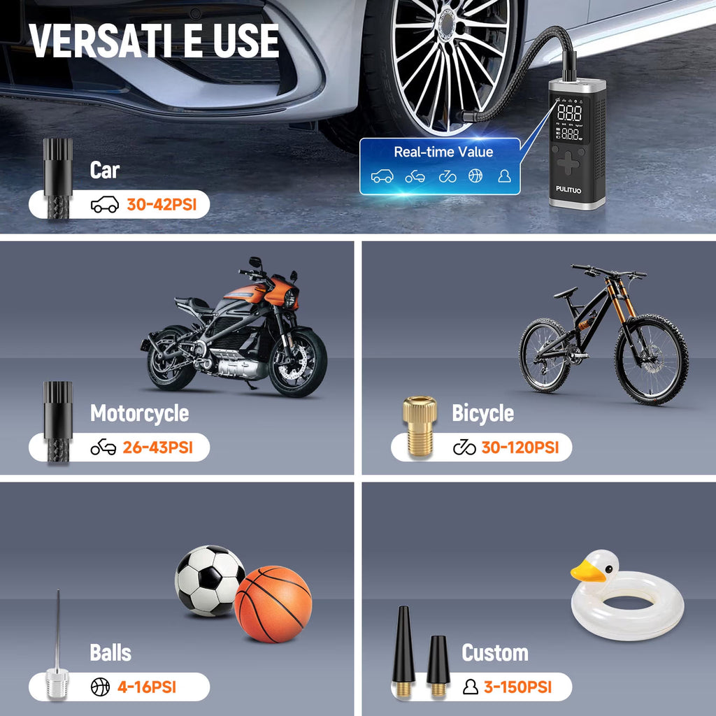 Portable Tire Inflator, 150 PSI, 6000Mah Battery, Digital Gauge, LED Light