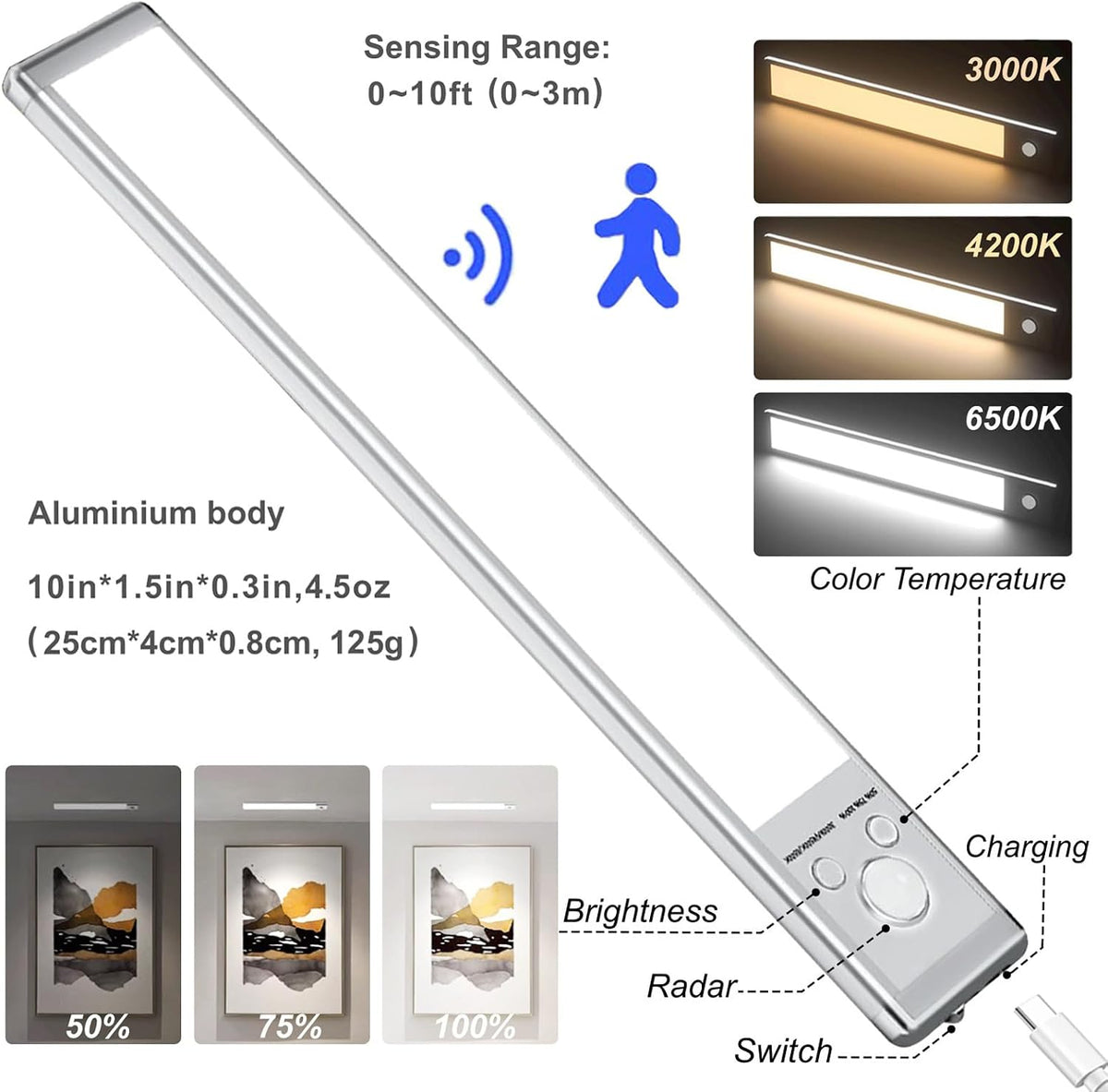 4 Pack under Cabinet Lighting, 10In Rechargeable Motion Sensor Light Indoor