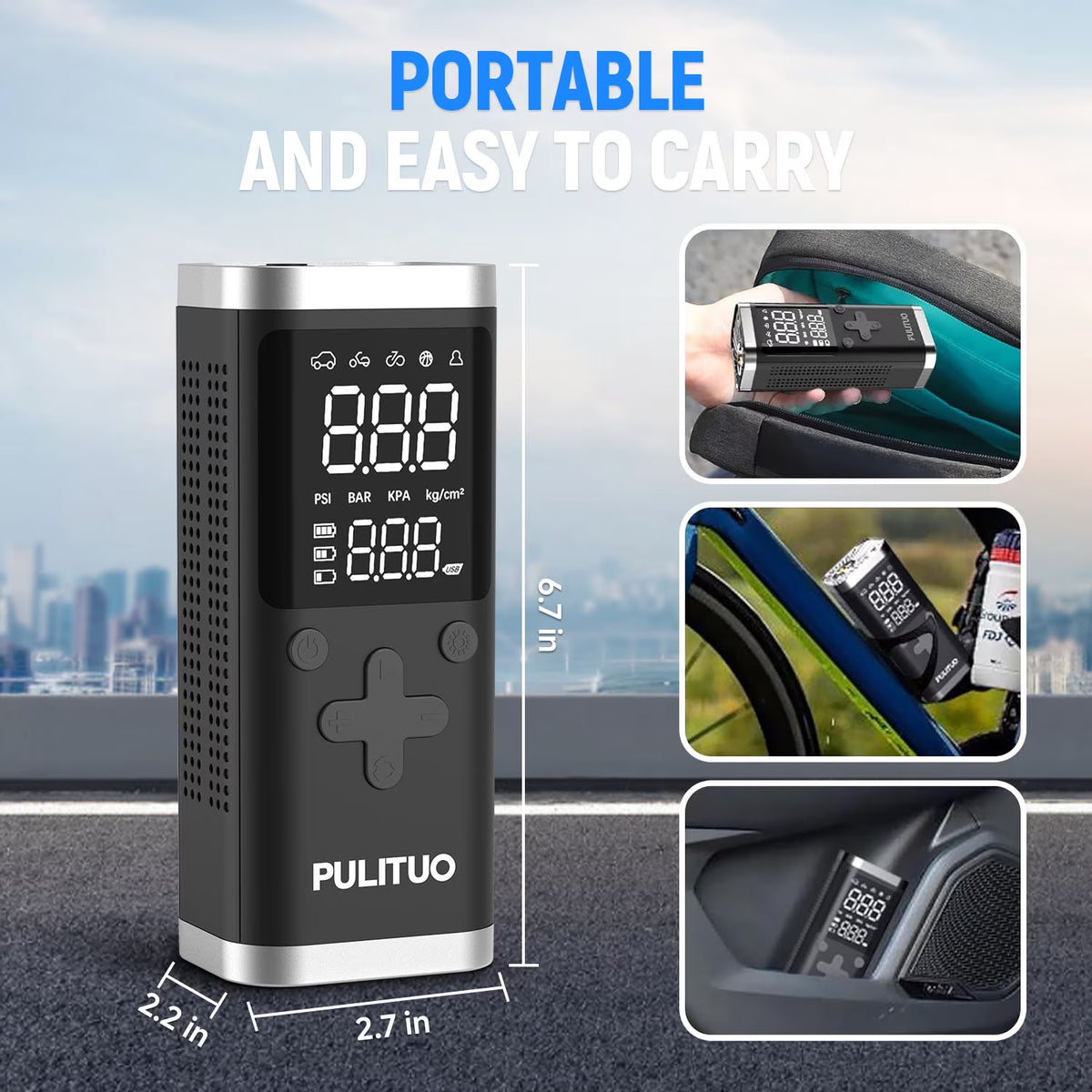Portable Tire Inflator, 150 PSI, 6000Mah Battery, Digital Gauge, LED Light