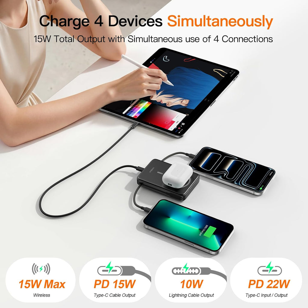 Magnetic Portable Charger 10000Mah, 22.5W Power Bank with Built in Cable